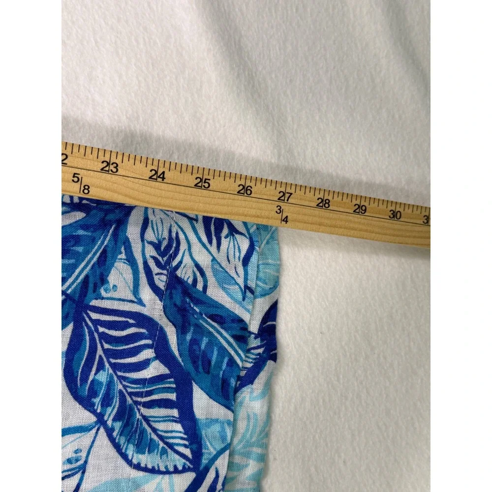 Sigrid Olsen Linen Tropical Leaf Pants Womens L Blue White Elastic Waist Tassel